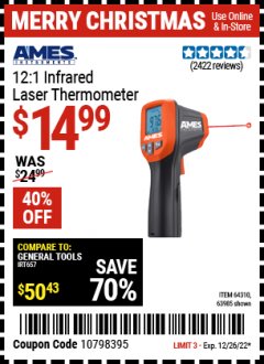 Harbor Freight Coupon AMES 12:1 INFRARED LASER THERMOMETER Lot No. 64310, 64626, 63985 Expired: 12/26/21 - $14.99