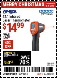 Harbor Freight Coupon AMES 12:1 INFRARED LASER THERMOMETER Lot No. 64310/64626/63985 Expired: 12/26/21 - $14.99