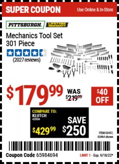 Harbor Freight Coupon PITTSBURGH MECHANIC'S TOOL SET, 301PC Lot No. 63457 Expired: 9/18/22 - $179.99