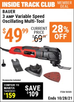 Harbor Freight ITC Coupon BAUER 3 AMP VARIABLE SPEED OSCILLATING MULTI-TOOL Lot No. 56509 Expired: 10/28/21 - $49.99