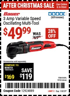 Harbor Freight Coupon BAUER 3 AMP VARIABLE SPEED OSCILLATING MULTI-TOOL Lot No. 56509 Expired: 1/8/23 - $49.99