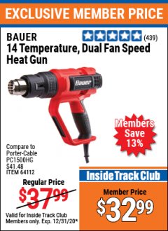 Harbor Freight ITC Coupon BAUER 14 TEMPERATURE, DUAL FAN SPEED HEAT GUN Lot No. 64112 Expired: 12/31/20 - $32.99
