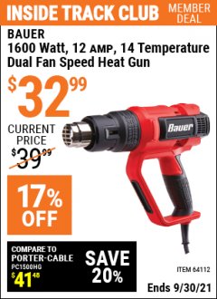 Harbor Freight ITC Coupon BAUER 14 TEMPERATURE, DUAL FAN SPEED HEAT GUN Lot No. 64112 Expired: 9/30/21 - $32.99