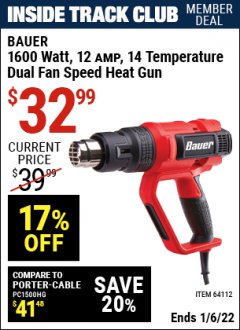 Harbor Freight ITC Coupon BAUER 14 TEMPERATURE, DUAL FAN SPEED HEAT GUN Lot No. 64112 Expired: 1/6/22 - $32.99