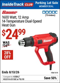 Harbor Freight ITC Coupon BAUER 1600 WATT, 12 AMP, 14-TEMPERATURE DUAL-SPEED HEAT GUN Lot No. 64112 Valid Thru: 8/13/26 - $24.99