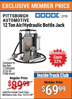Harbor Freight ITC Coupon 12 TON AIR/HYDRAULIC BOTTLE JACK Lot No. 94487 Expired: 12/31/20 - $69.99