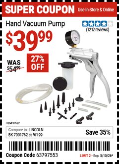 Harbor Freight Coupon MITYVAC HAND VACUUM PUMP Lot No. 39522 Expired: 5/10/26 - $39.99