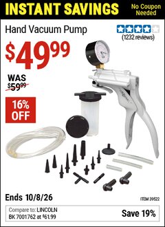 Harbor Freight Coupon MITYVAC HAND VACUUM PUMP Lot No. 39522 Valid Thru: 10/8/26 - $49.99