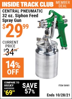 Harbor Freight ITC Coupon CENTRAL PNEUMATIC 32 OZ SIPHON FEED SPRAY GUN Lot No. 56981 Expired: 10/28/21 - $29.99