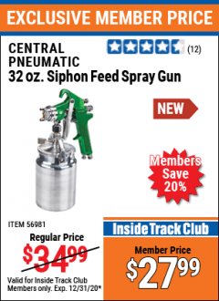 Harbor Freight ITC Coupon CENTRAL PNEUMATIC 32 OZ SIPHON FEED SPRAY GUN Lot No. 56981 Expired: 12/31/20 - $27.99