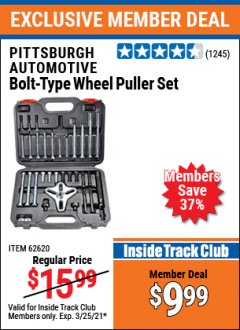 Harbor Freight ITC Coupon PITTSBURGH BOLT-TYPE WHEEL PULLER SET Lot No. 62620 Expired: 3/25/21 - $9.99