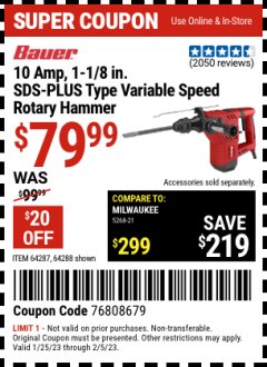 Harbor Freight Coupon BAUER 1-1/8 IN. SDS VARIABLE SPEED PRO ROTARY HAMMER KIT Lot No. 64288, 64287 Expired: 2/5/23 - $79.99
