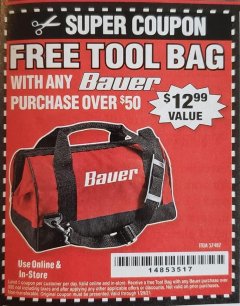 Harbor Freight FREE Coupon BAUER 16 IN., TOOL BAG WITH 6 POCKETS Lot No. 57487 Expired: 1/29/21 - FWP
