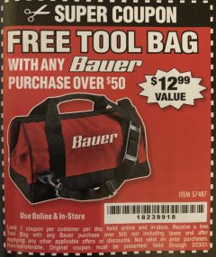Harbor Freight FREE Coupon BAUER 16 IN., TOOL BAG WITH 6 POCKETS Lot No. 57487 Expired: 2/23/21 - FWP