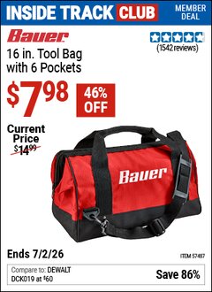 Harbor Freight Coupon BAUER 16 IN. TOOL BAG WITH 6 POCKETS Lot No. 57487 Valid: 12/31/69 - 7/2/26 - $7.98