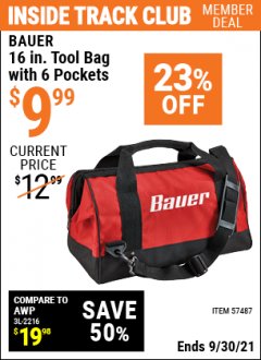 Harbor Freight ITC Coupon BAUER 16 IN., TOOL BAG WITH 6 POCKETS Lot No. 57487 Expired: 9/30/21 - $9.99