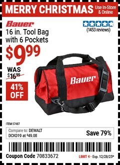 Harbor Freight Coupon BAUER 16 IN. TOOL BAG WITH 6 POCKETS Lot No. 57487 Expired: 12/28/25 - $9.99