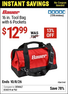 Harbor Freight Coupon BAUER 16 IN. TOOL BAG WITH 6 POCKETS Lot No. 57487 Valid Thru: 10/8/26 - $12.99