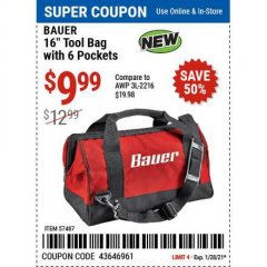 Harbor Freight Coupon BAUER 16 IN., TOOL BAG WITH 6 POCKETS Lot No. 57487 Expired: 1/29/21 - $9.99