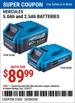 Harbor Freight Coupon HERCULES 5.0AH AND 2.5AH BATTERIES Lot No. 56560/56562 Expired: 1/21/21 - $89.99