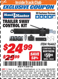 Harbor Freight ITC Coupon TRAILER SWAY CONTROL KIT Lot No. 96462 Expired: 1/31/19 - $24.99