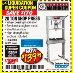 Harbor Freight Coupon 20 TON SHOP PRESS Lot No. 32879/60603 Expired: 6/30/18 - $139.99