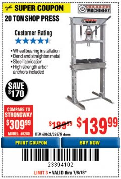 Harbor Freight Coupon 20 TON SHOP PRESS Lot No. 32879/60603 Expired: 7/8/18 - $139.99