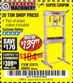 Harbor Freight Coupon 20 TON SHOP PRESS Lot No. 32879/60603 Expired: 12/20/18 - $139.99