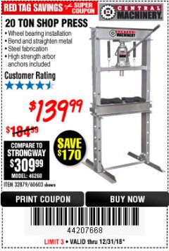 Harbor Freight Coupon 20 TON SHOP PRESS Lot No. 32879/60603 Expired: 12/31/18 - $139.99