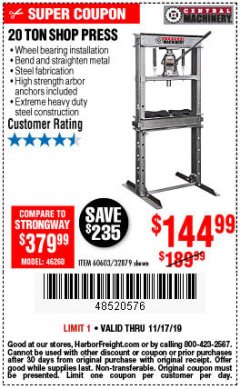 Harbor Freight Coupon 20 TON SHOP PRESS Lot No. 32879/60603 Expired: 11/19/19 - $144.99