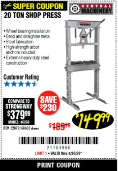 Harbor Freight Coupon 20 TON SHOP PRESS Lot No. 32879/60603 Expired: 6/30/20 - $149.99