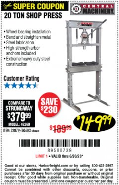 Harbor Freight Coupon 20 TON SHOP PRESS Lot No. 32879/60603 Expired: 6/30/20 - $149.99