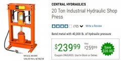 Harbor Freight Coupon 20 TON SHOP PRESS Lot No. 32879/60603 Expired: 6/30/20 - $239.99