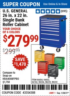 Harbor Freight Coupon U.S. GENERAL 26 IN. X 22 IN. SINGLE BANK ROLLER CABINET Lot No. 64434/56234/64162/56235/56233 Expired: 1/28/21 - $279.99