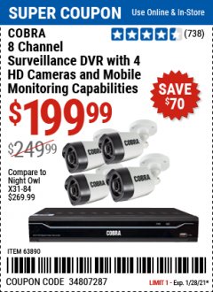 Harbor Freight Coupon COBRA 8 CHANNEL SURVEILLANCE DVD WITH 4 HD CAMERAS AND MOBILE MONITORING CAPABILITIES Lot No. 63890 Expired: 1/28/21 - $199.99