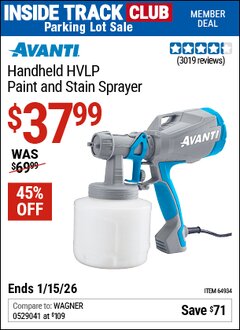 Harbor Freight ITC Coupon AVANTI HANDHELD HVLP PAINT AND STAIN SPRAYER Lot No. 64934 Expired: 1/15/26 - $37.99