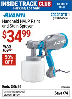 Harbor Freight ITC Coupon AVANTI HANDHELD HVLP PAINT AND STAIN SPRAYER Lot No. 64934 Expired: 3/5/26 - $34.99