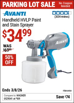 Harbor Freight Coupon AVANTI HANDHELD HVLP PAINT AND STAIN SPRAYER Lot No. 64934 Expired: 3/8/26 - $34.99