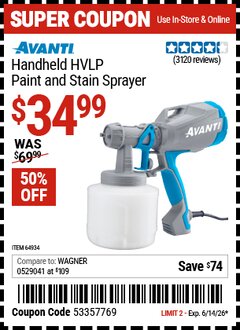 Harbor Freight Coupon AVANTI HANDHELD HVLP PAINT AND STAIN SPRAYER Lot No. 64934 Expired: 6/14/26 - $34.99
