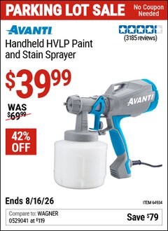 Harbor Freight Coupon AVANTI HANDHELD HVLP PAINT AND STAIN SPRAYER Lot No. 64934 EXPIRES: 8/16/26 - $39.99