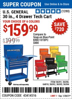 Harbor Freight Coupon U.S. GENERAL 30 IN., 4 DRAWER TECH CART Lot No. 56391/56390/64818/56392/56393/56394 Expired: 1/28/21 - $159.99