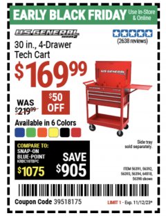 Harbor Freight Coupon U.S. GENERAL 30 IN., 4 DRAWER TECH CART Lot No. 56391/56390/64818/56392/56393/56394 Expired: 11/12/23 - $169.99