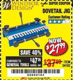Harbor Freight Coupon DOVETAIL JIG / MACHINE Lot No. 34102 Expired: 6/21/20 - $27.99