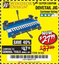 Harbor Freight Coupon DOVETAIL JIG / MACHINE Lot No. 34102 Expired: 7/2/20 - $27.99
