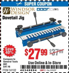 Harbor Freight Coupon DOVETAIL JIG / MACHINE Lot No. 34102 Expired: 8/16/20 - $27.99