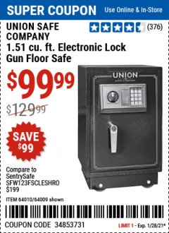 Harbor Freight Coupon 1.51 CU. FT. ELECTRONIC LOCK GUN FLOOR SAFE Lot No. 64009 Expired: 1/28/21 - $99.99