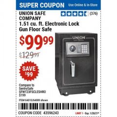 Harbor Freight Coupon 1.51 CU. FT. ELECTRONIC LOCK GUN FLOOR SAFE Lot No. 64009 Expired: 1/29/21 - $99.99