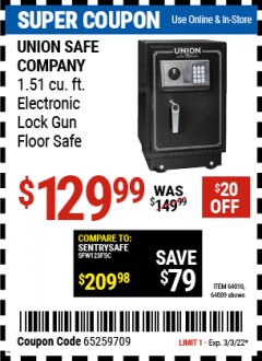 Harbor Freight Coupon 1.51 CU. FT. ELECTRONIC LOCK GUN FLOOR SAFE Lot No. 64009 Expired: 3/3/22 - $129.99