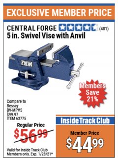 Harbor Freight ITC Coupon CENTRAL FORGE 5" SWIVEL VICE WITH ANVIL Lot No. 63775 Expired: 1/28/21 - $44.99