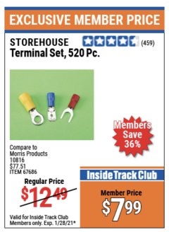 Harbor Freight ITC Coupon STOREHOUSE TERMINAL SET, 520 PC Lot No. 67686 Expired: 1/28/21 - $7.99